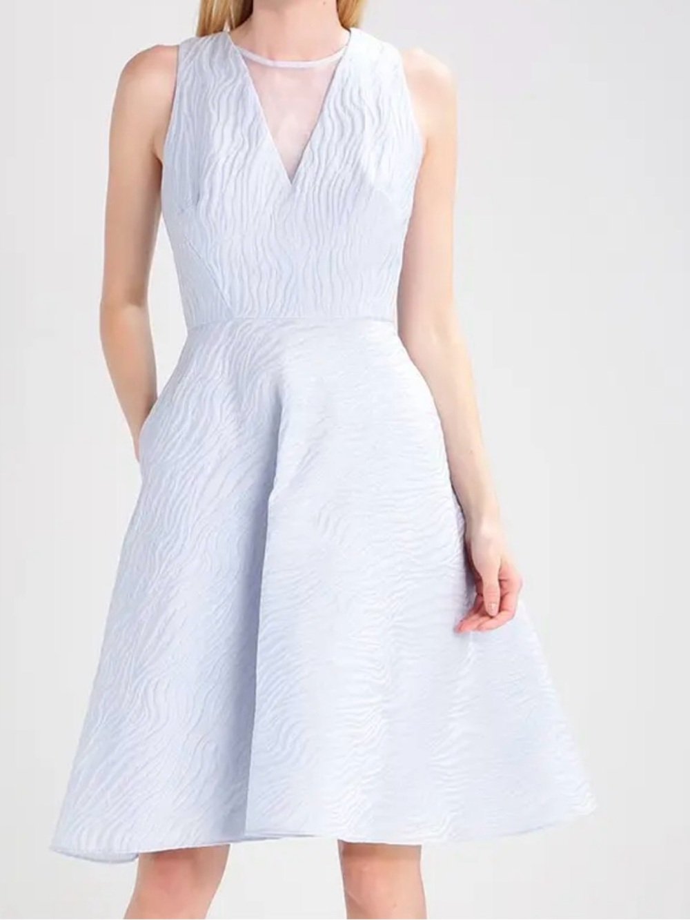 Sleeveless Light Blue Textured Midi Dress with Sheer V-Inset